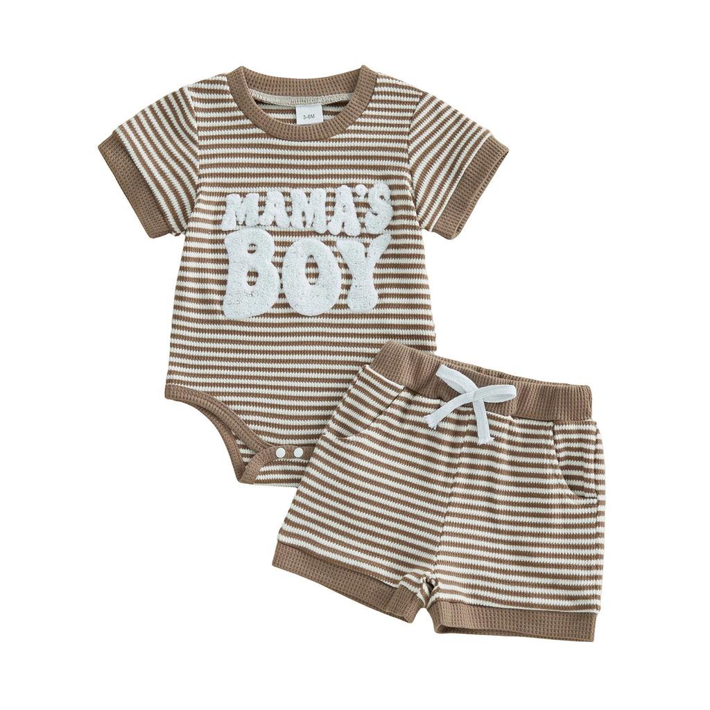 Embroidered Mama's Boy Romper And Shorts Two-Piece Set