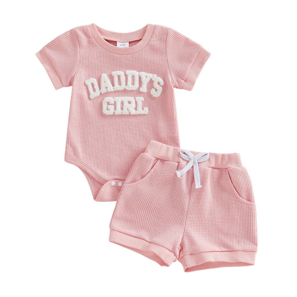 Embroidered Daddy's Girl - Romper With Short Sleeves Shorts Two-Piece Set