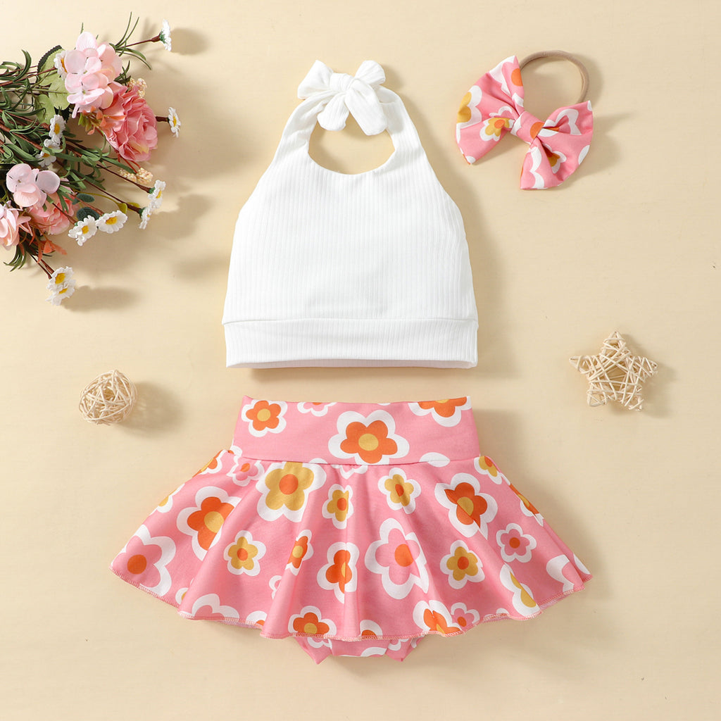 Solid Color Sling Top & Flower Skirt