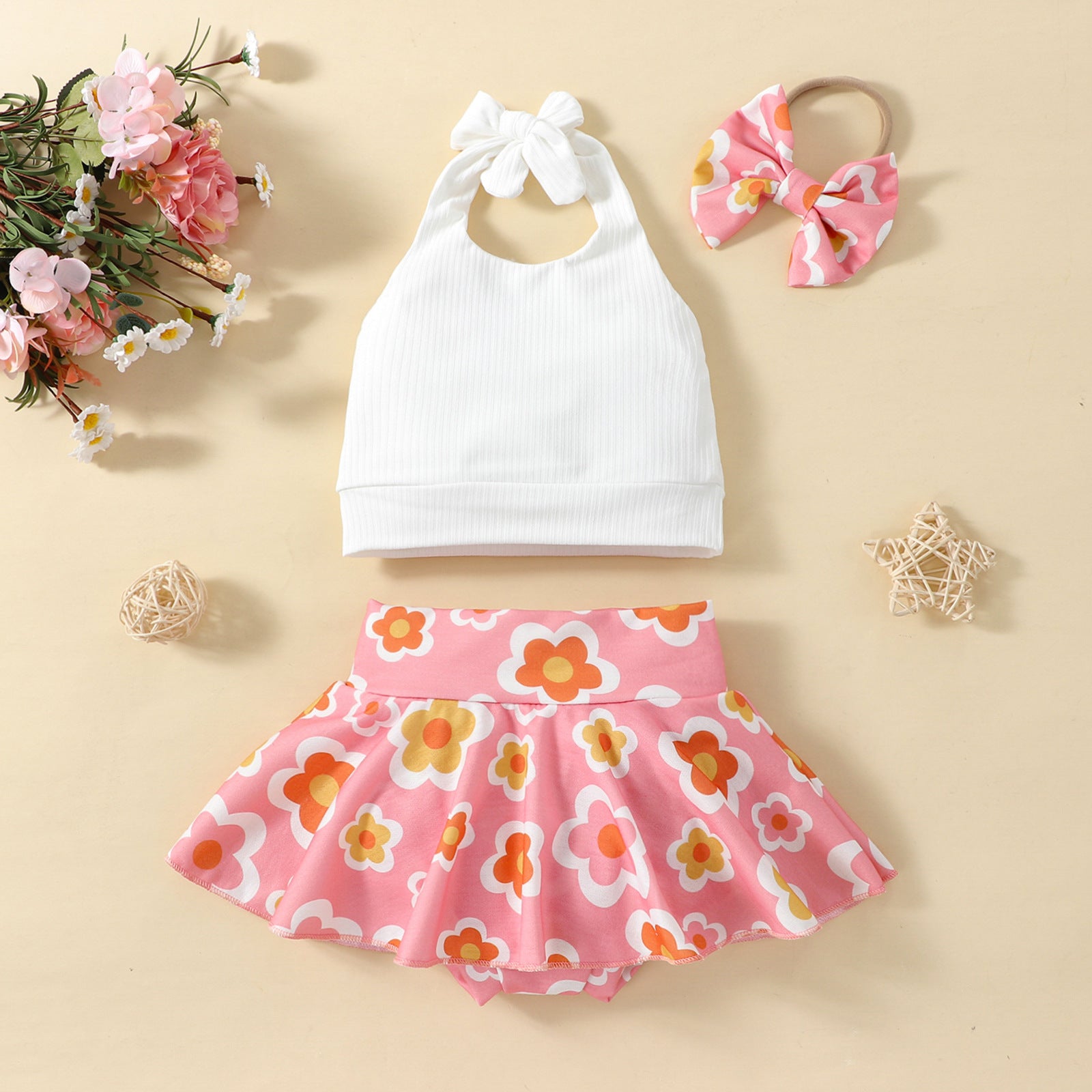 Solid Color Sling Top & Flower Skirt