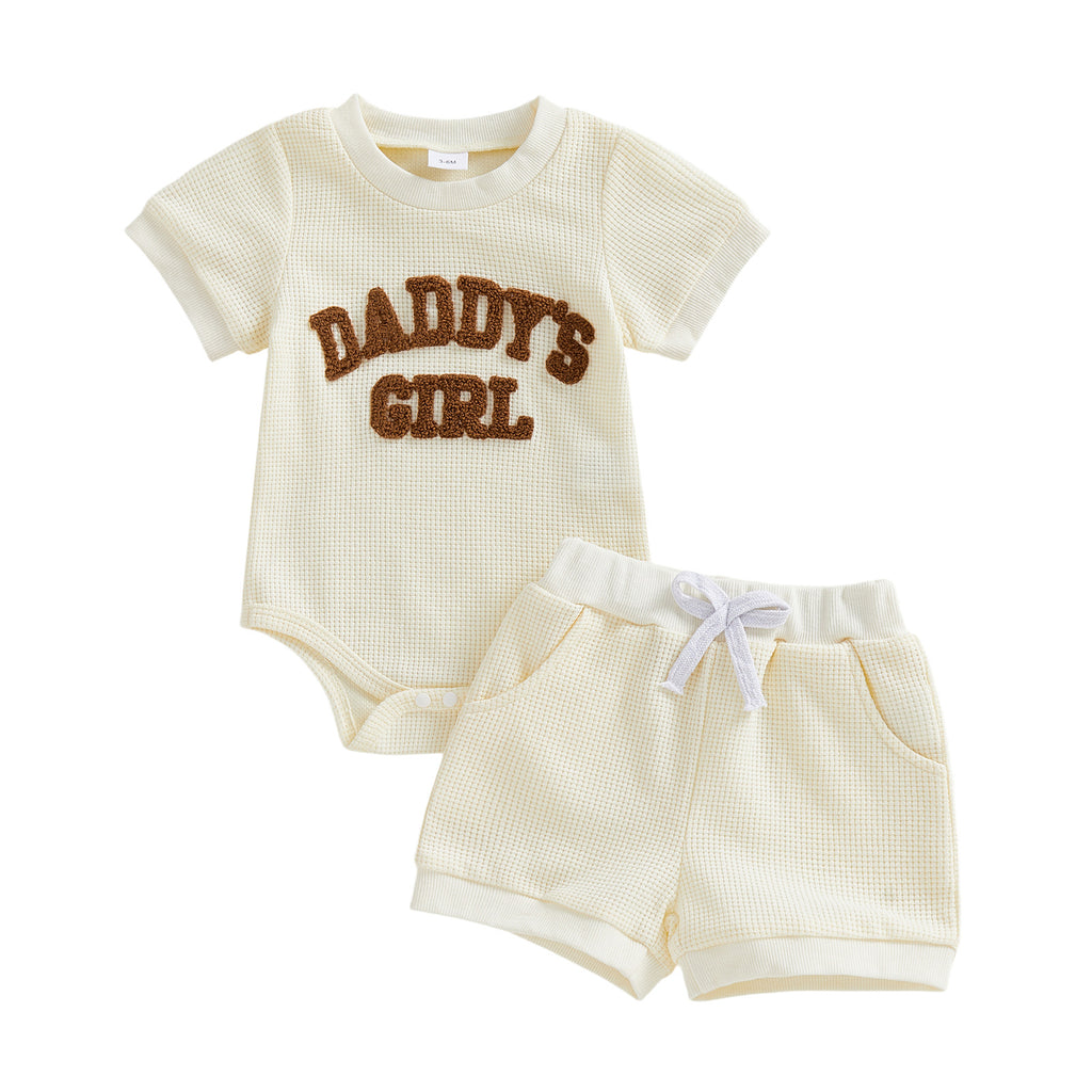 Embroidered Daddy's Girl - Romper With Short Sleeves Shorts Two-Piece Set