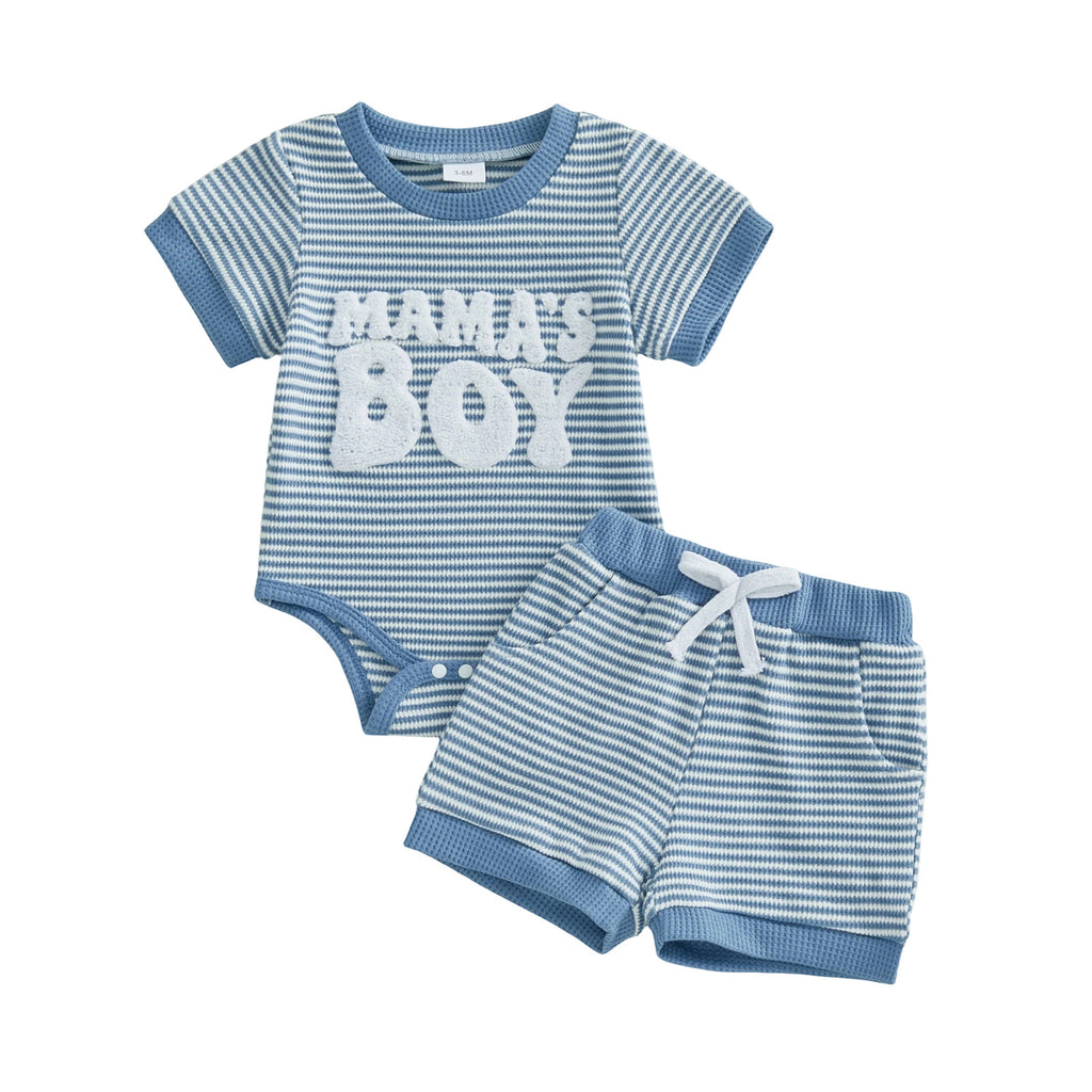 Embroidered Mama's Boy Romper And Shorts Two-Piece Set
