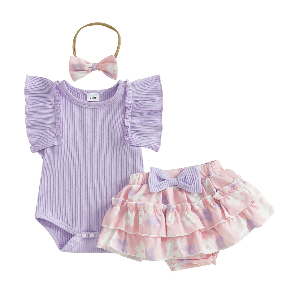 Baby Ruffle-Shoulder Sleeveless Romper And Printed Skirt Two-Piece Set