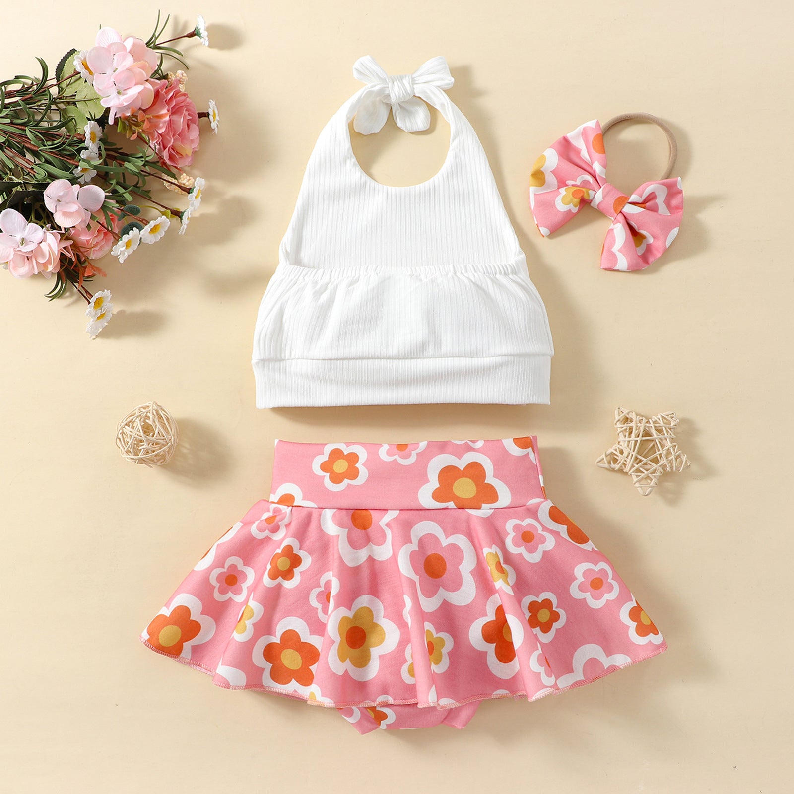 Solid Color Sling Top & Flower Skirt