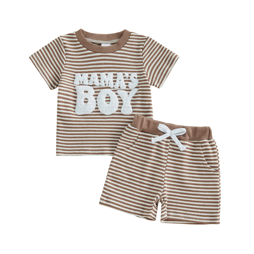Embroidered Striped Short-Sleeve Top And Striped Pants Two-Piece Set