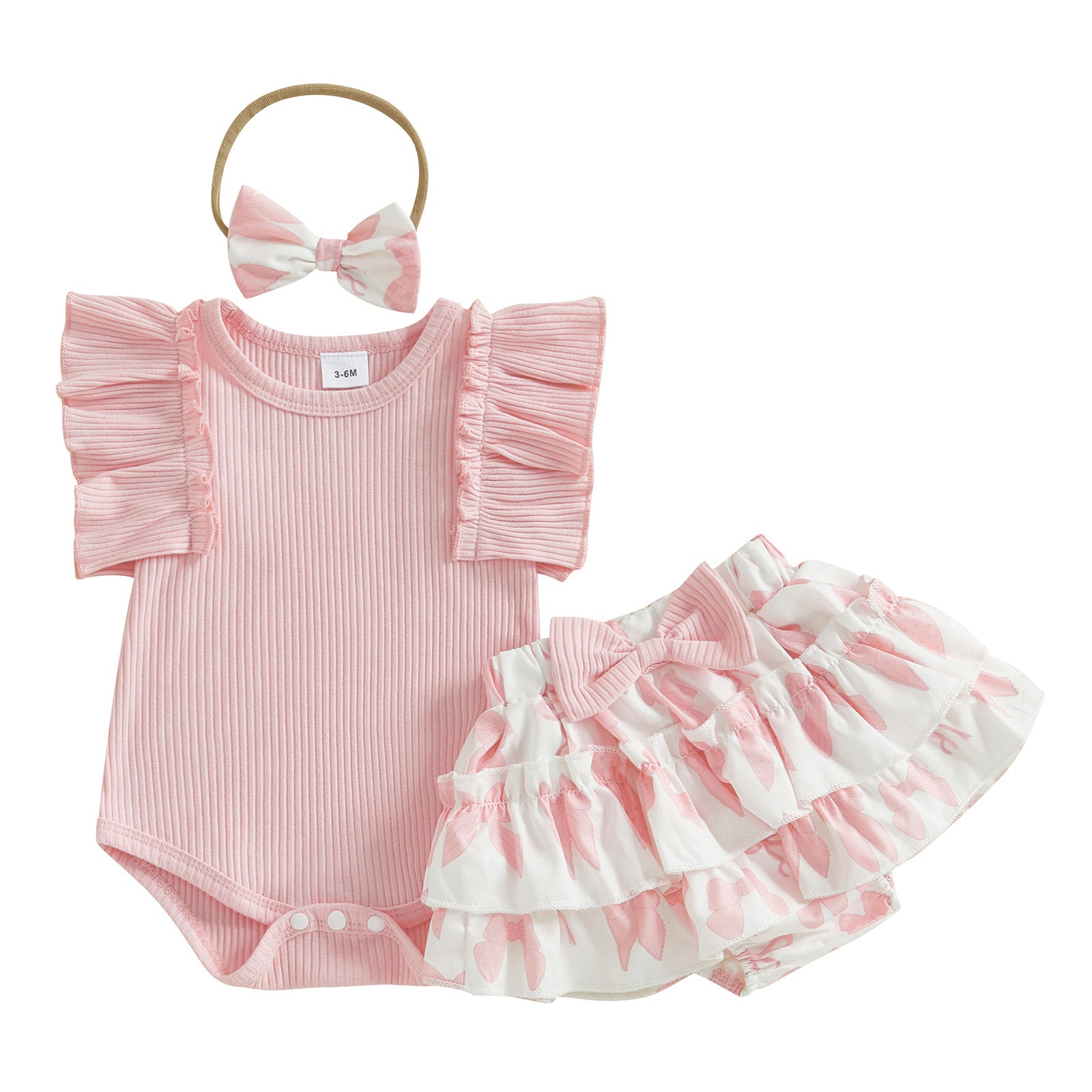 Baby Ruffle-Shoulder Sleeveless Romper And Printed Skirt Two-Piece Set